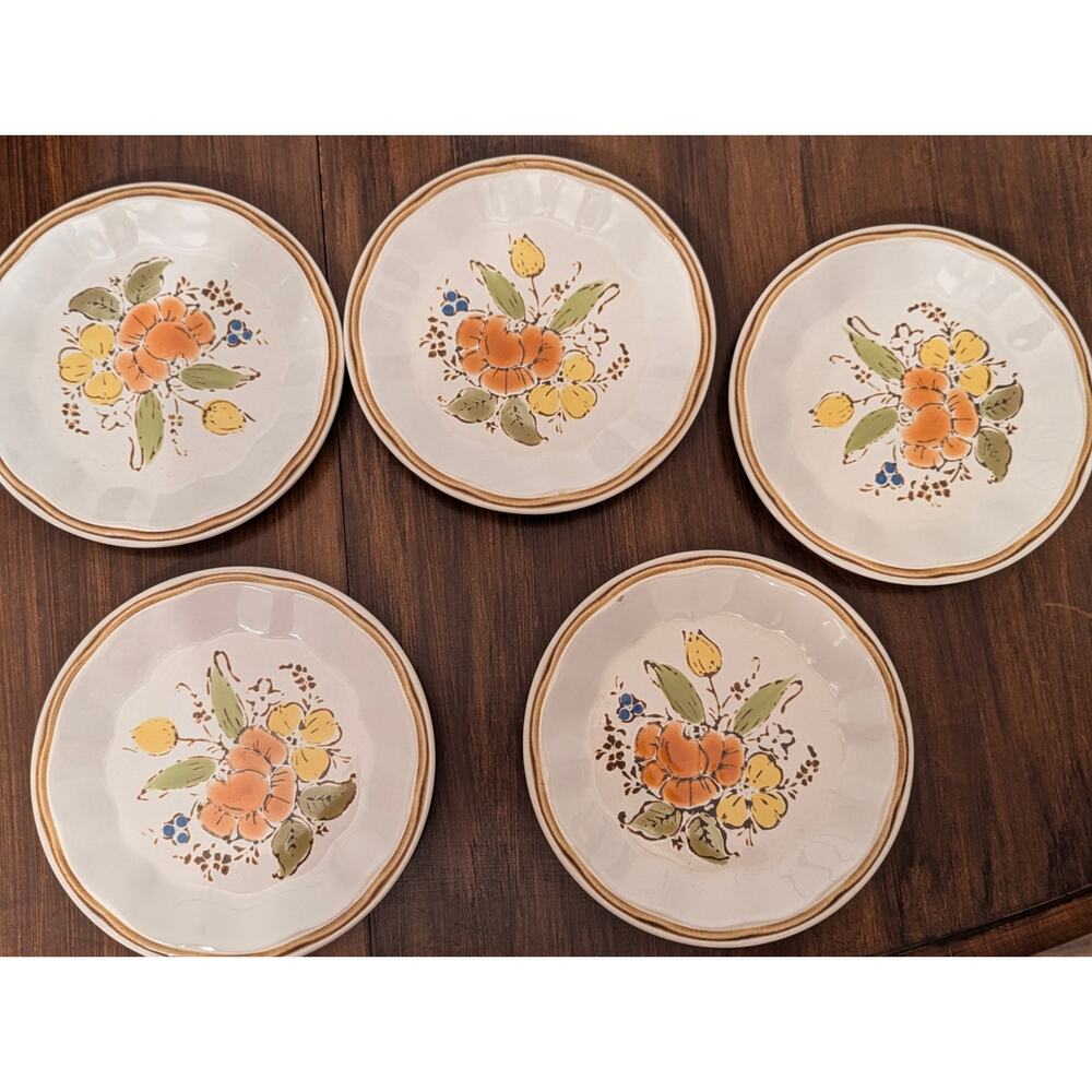 Vintage Wildflower Stoneware Hand Painted 7 1/2" Salad Plates - Set of 5